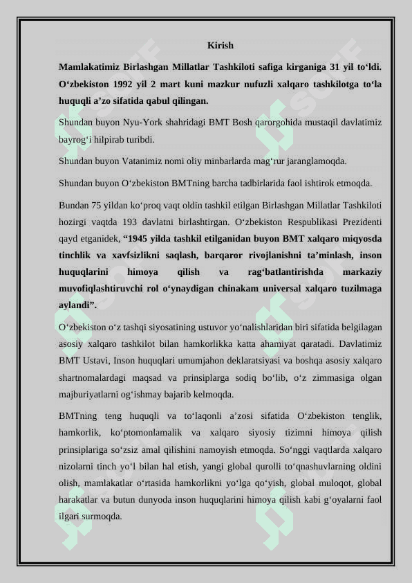 O'zbekiston Respublikasi BMTga a'zo bo'lishi va jahon hamjamiyatida tutgan o'rni 2