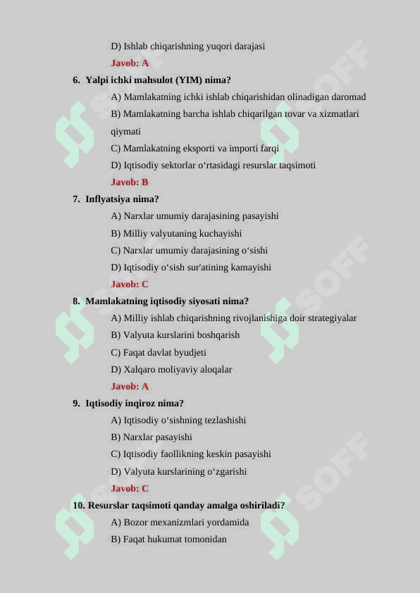 Makroiqtisodiyot boʻyicha 30 ta test savollari javoblari bilan 2