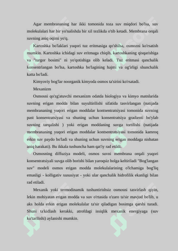 Eritmalardagi osmos hodisasi. Eritmalarning bug` bosimi, muzlash va qaynash temperaturalari. Raul qonunlari 1
