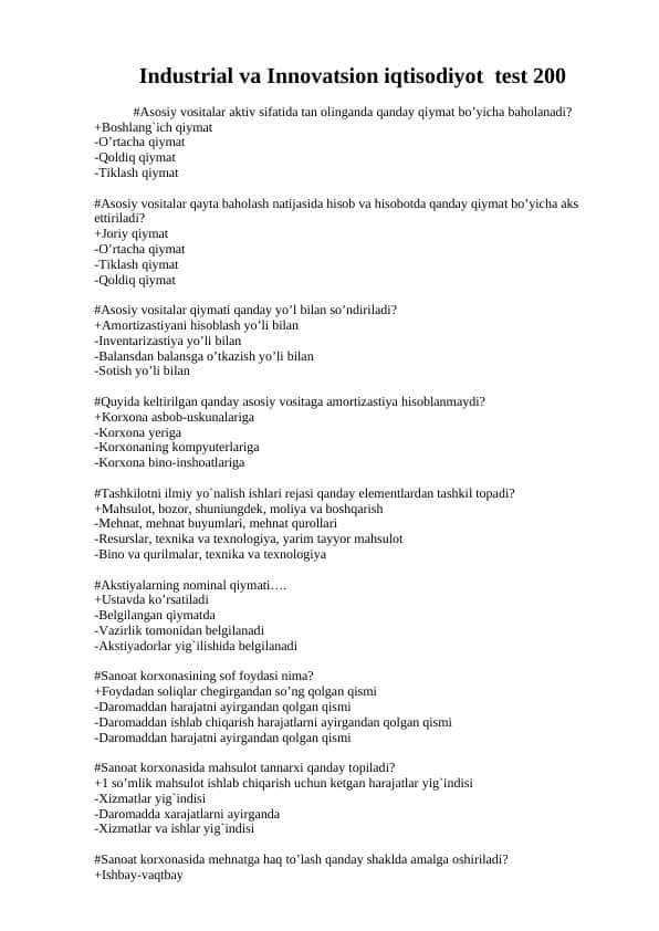 Industrial va Innovatsion iqtisodiyot test 200 javobi bilan