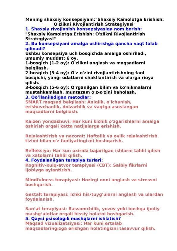 Mening shaxsiy konsepsiyam:"Shaxsiy Kamolotga Erishish: O'zlikni Rivojlantirish Strategiyasi"NAMUNA