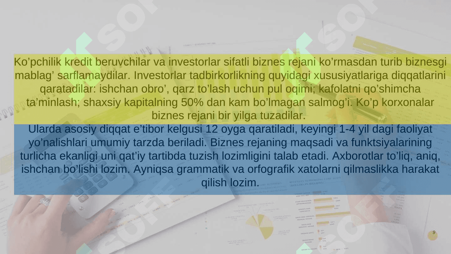 Biznesni loyihalash. Korxona biznes rejasi 8