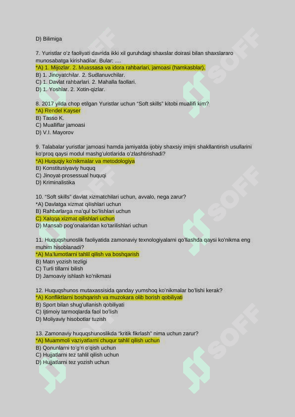 Huquqiy ko'nikmalar va metadologiya fanidan yakuniy nazorat ishi test javoblari 2