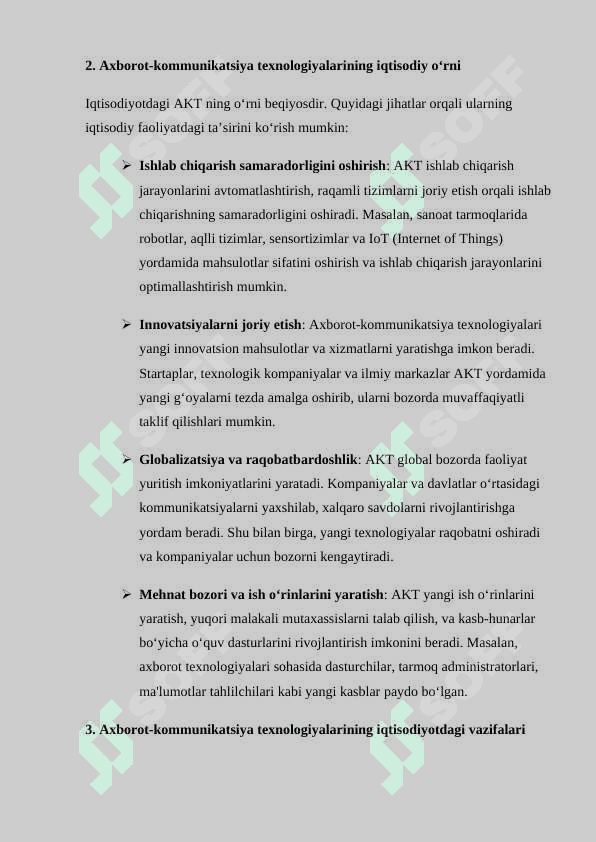 Axborot-kommunikatsiya texnologiyalarining iqtisodiyotdagi o‘rni va vazifasi 2