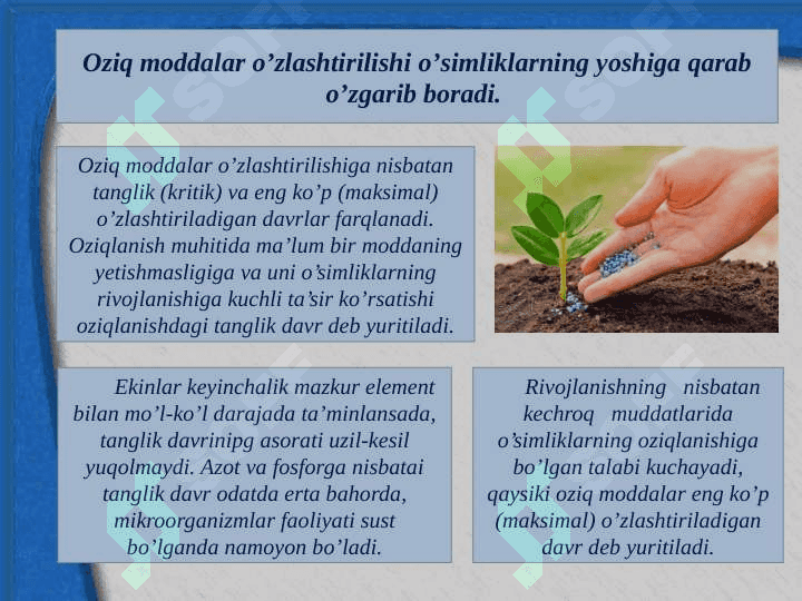 Ekinlarning o’g’itga  talabchanligini aniqlashning fiziologik asoslari 2
