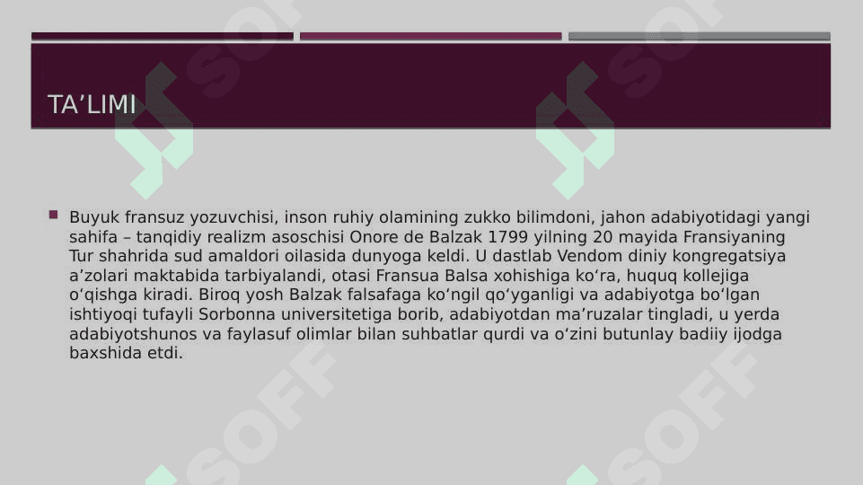 Onore de Balzak hayoti va ijodi 3
