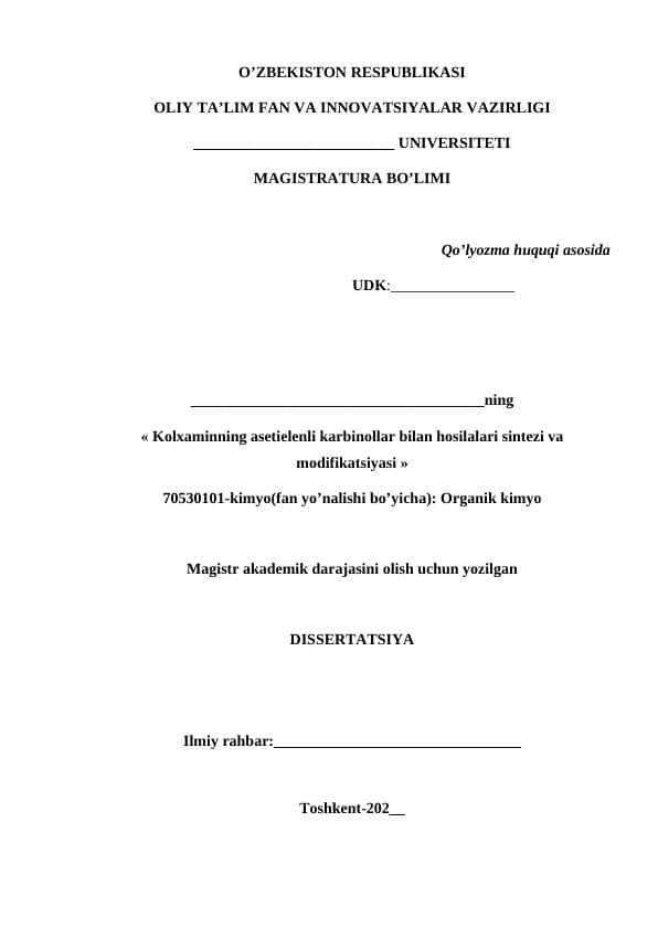 Kolxaminning asetielenli karbinollar bilan hosilalari sintezi va modifikatsiyasi