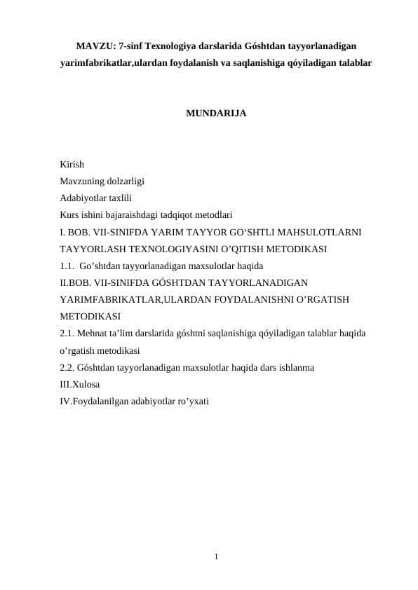 7-sinf Texnologiya.Mavzu.Góshtdan tayyorlanadigan yarimfabrikatlar,ulardan foydalanish va saqlanishiga qóyiladigan talablar