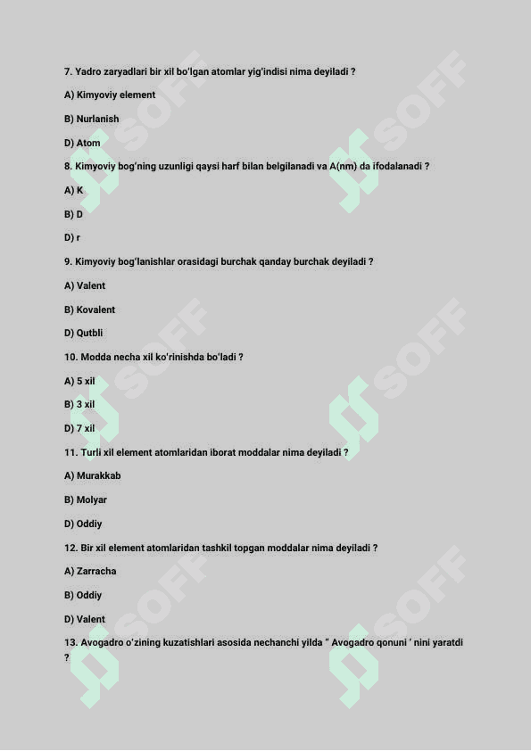 Umumiy kimyo 11-sinf uchun test savollari javoblari bilan 2