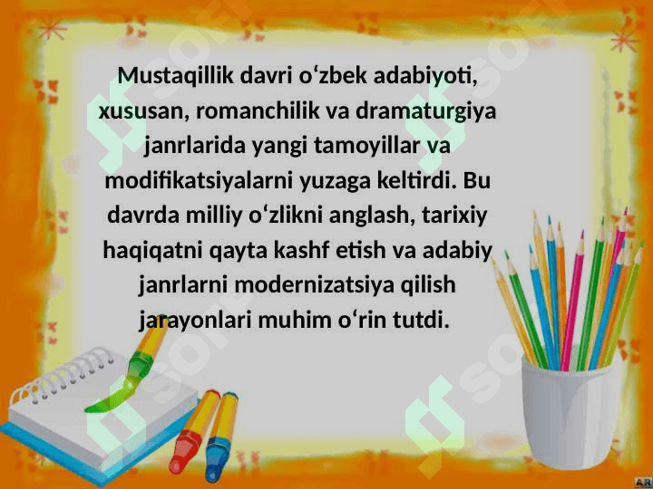 Mustaqillik davri o’zbek romanlarini taraqqiyotini belgilavchi tamoyillar. Yangi bosqichdagi o‘zbek dramaturgiyasida janrlar modifikatsiyasi 2