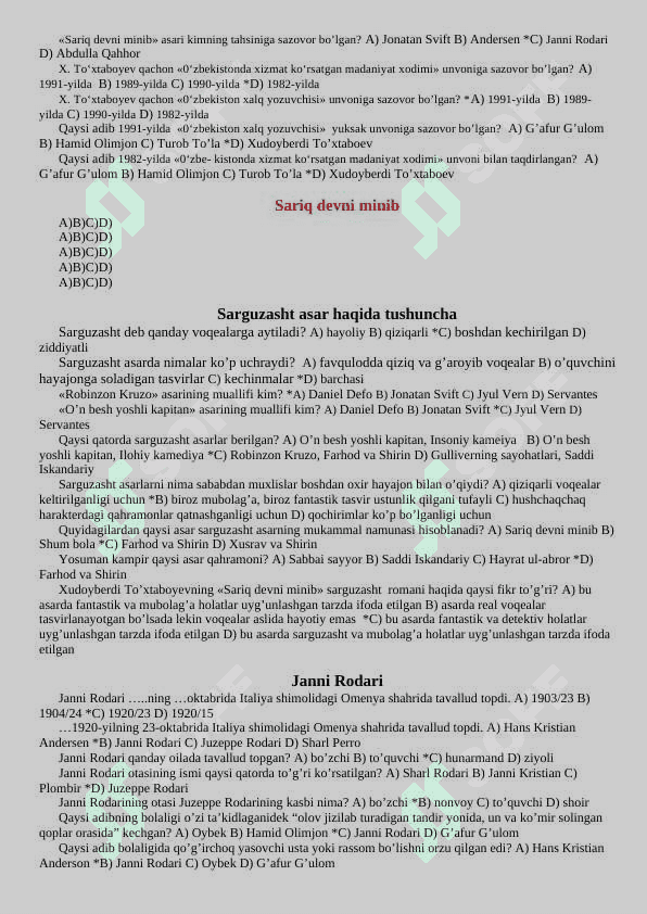6- sinf adabiyot darsligidan mavzulashtirilgan testlar 6