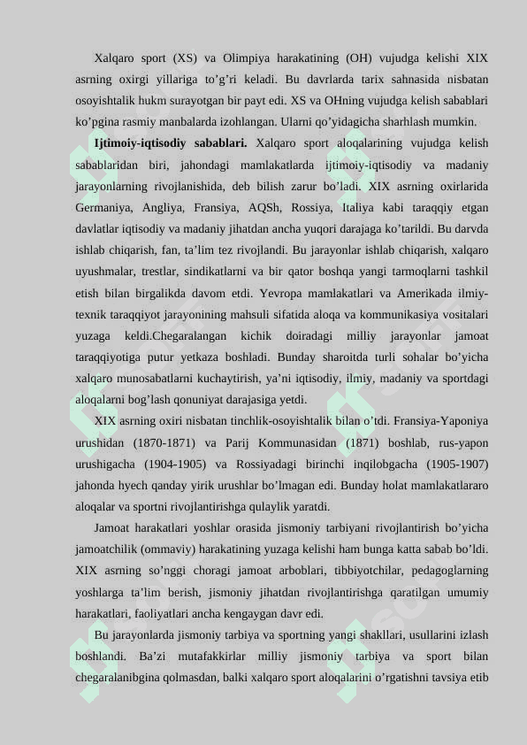 Xalqaro sport va Olimpiya harakatining vujudga kelishining asosiy omillari 2