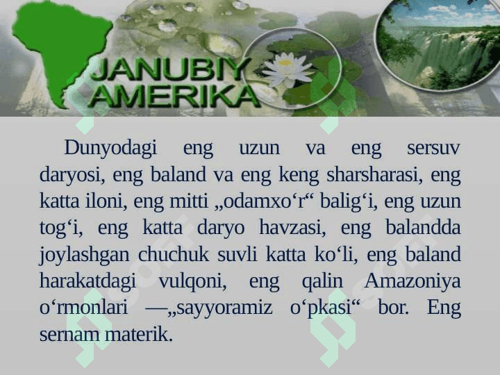 JANUBIY AMERIKA MATERIGINING  GEOGRAFIK O’RNI, O’RGANISH TARIXI, GEOLOGIK TUZILISHI, FOYDALI QAZILMALARI. RELYEFI 2