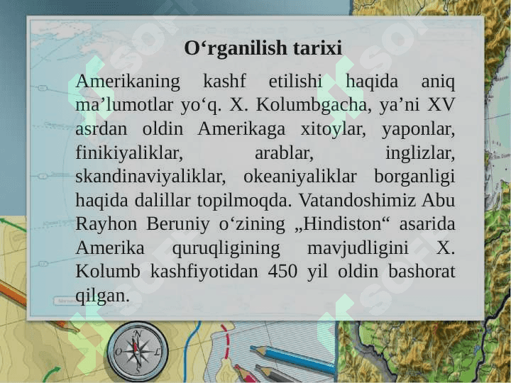 JANUBIY AMERIKA MATERIGINING  GEOGRAFIK O’RNI, O’RGANISH TARIXI, GEOLOGIK TUZILISHI, FOYDALI QAZILMALARI. RELYEFI 5