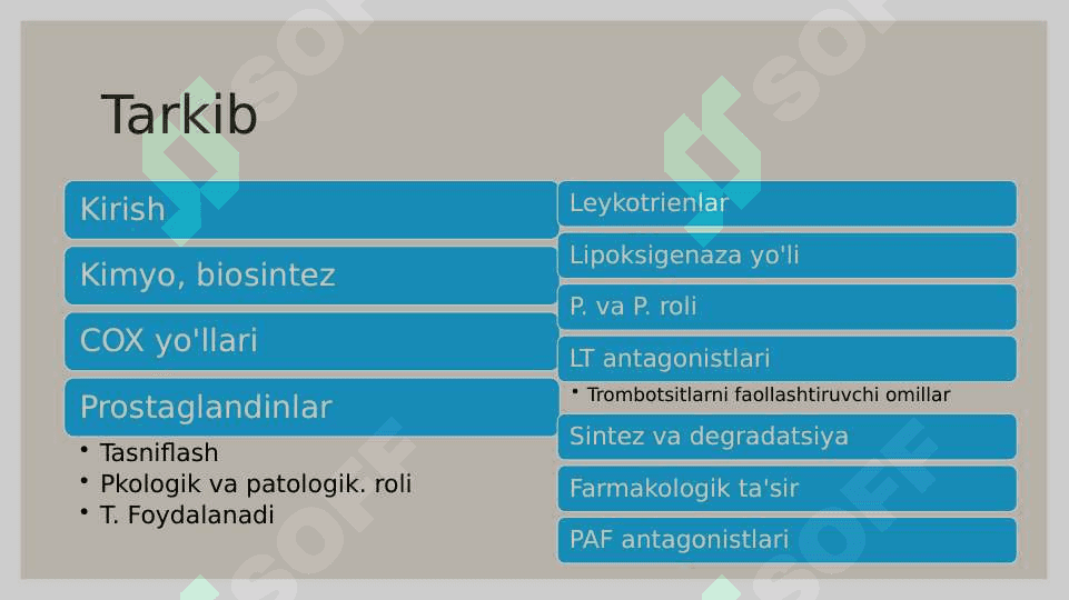 Eykosanoidlar ( prostaglandinlar, leykotrienlar) va trombotsitlarni faollashtiruvchi omil 2