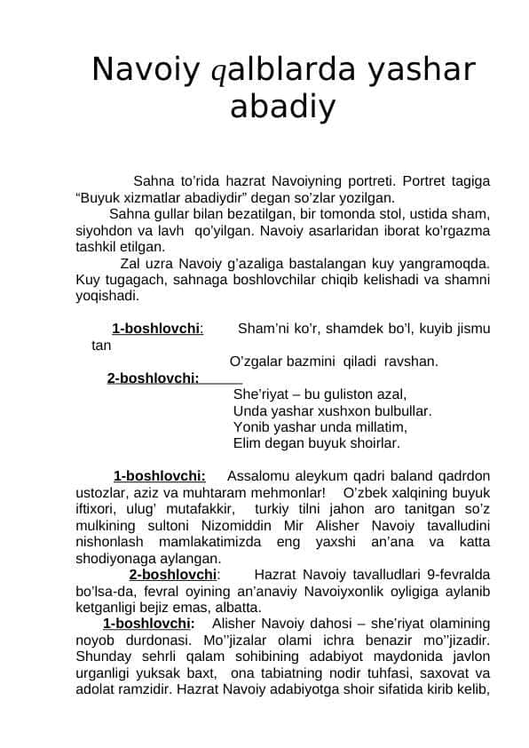 Alisher Navoiy tadbir ssenariysi
"Navoiy qalblarda yashar abadiy"