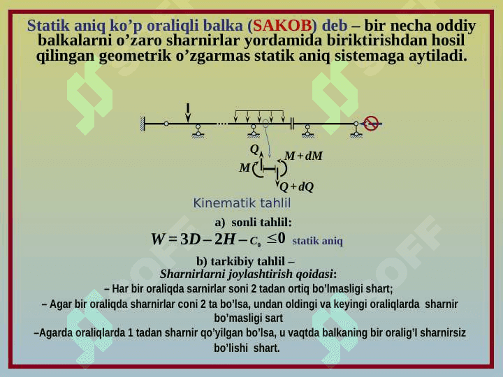 STATIK ANIQ SISTEMALAR. KO'P ORALIQLI STATIK ANIQ BALKALAR 2
