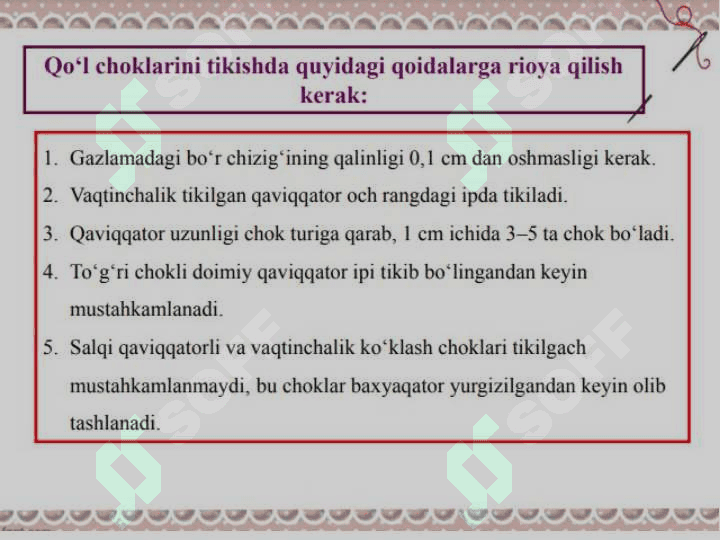 Qo'l choklaridan namunalar tikish. 6