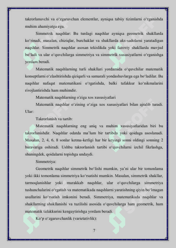 Matematik naqshlarni o’rgatish metodikasi 7