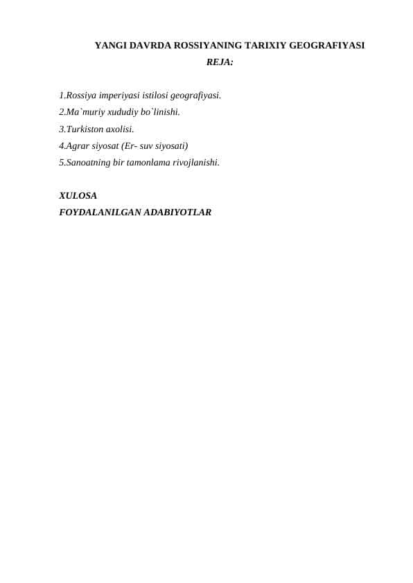 YANGI DAVRDA ROSSIYANING TARIXIY GEOGRAFIYASI