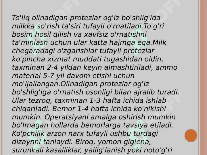 To'liq va qisman olib qo'yiluvchi protezlarni tanlash. To'liq olib qo'yiladigan tish protezlarini fiksasiyasini yaxshilidigan adgeziv moddalari. Abraziv xom ashyolari. Vrach-ortoped tomonidan yo'l qo'yiladigan deontologik, texnologik xato asoratlar. 6