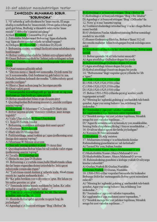 9-10 sinf adabiyotidan mavzulashtirilgan testlar 3