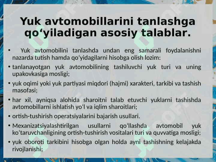 Xalqaro transport tashuvlarida transport vositasini tanlashning o'ziga xos xususiyati 5