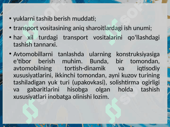 Xalqaro transport tashuvlarida transport vositasini tanlashning o'ziga xos xususiyati 6