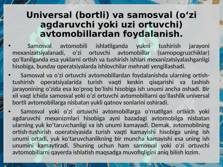 Xalqaro transport tashuvlarida transport vositasini tanlashning o'ziga xos xususiyati 7