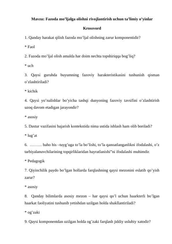 Fazoda mo’ljalga olishni rivojlantirish uchun ta’limiy o’yinlar krossvord