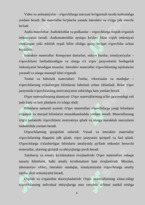 O’QUV MATERIALLARINI SARALASH VA ELEKTRON TA’LIM RESURSLARINI YARATISH STRUKTURASINI TUZISH 6