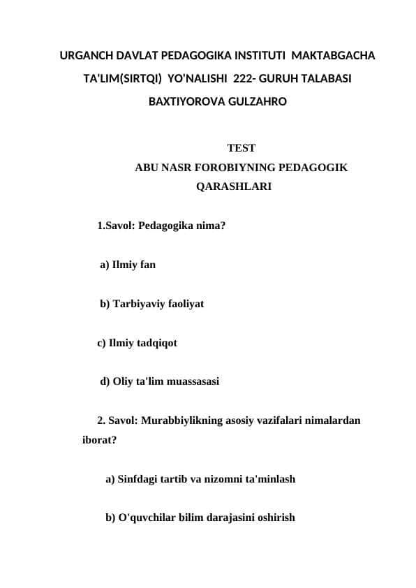 ABU NASR FOROBIYNING PEDAGOGIK QARASHLARI test