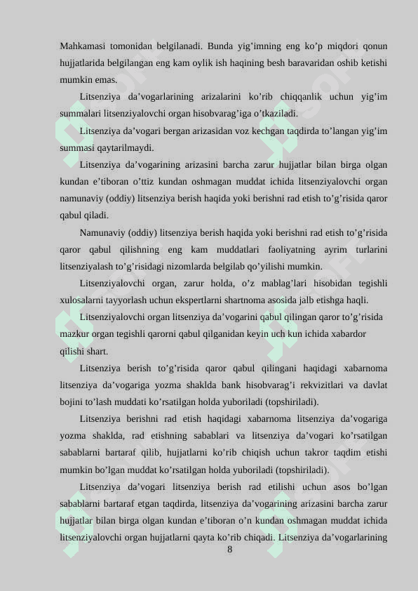 Litsenziyalash tartibini soddalashtirish,elektron litsenziyalash.Tadbirkorlik faoliyatida muvofiklikni baholash Tadbirkorlik faoliyatining mulkiy asoslari 8