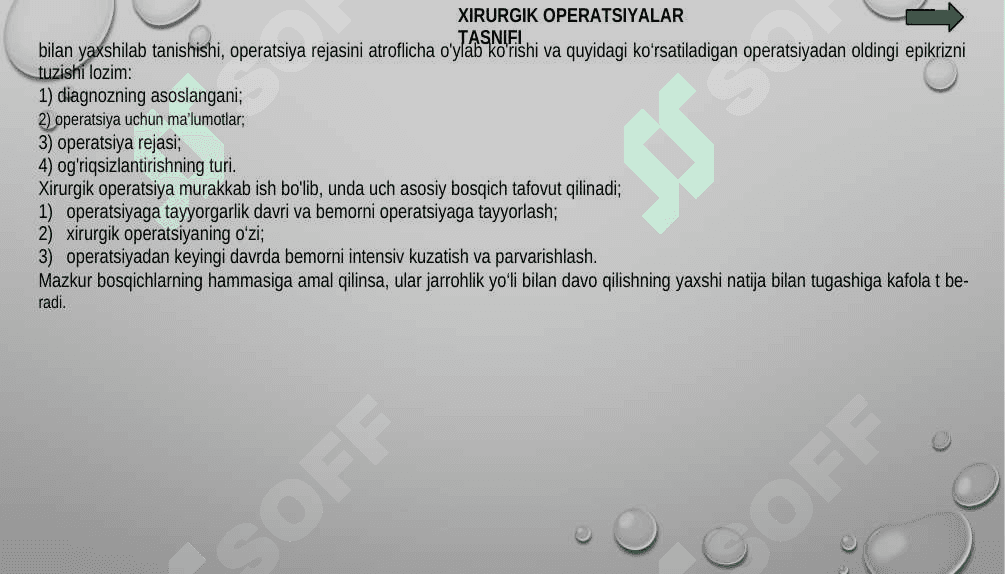 XIRURGIK  OPERATSIYALAR KLASIFIKATSIYASI,OPERATSIYADAN OLDINGI VA KEYINGI DAVR.BU DAVRDAGI ASORATLAR VA OLDINI OLISH 8
