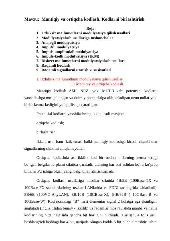 Mantiqiy va оrtiqcha kodlash. Kodlarni birlashtirish