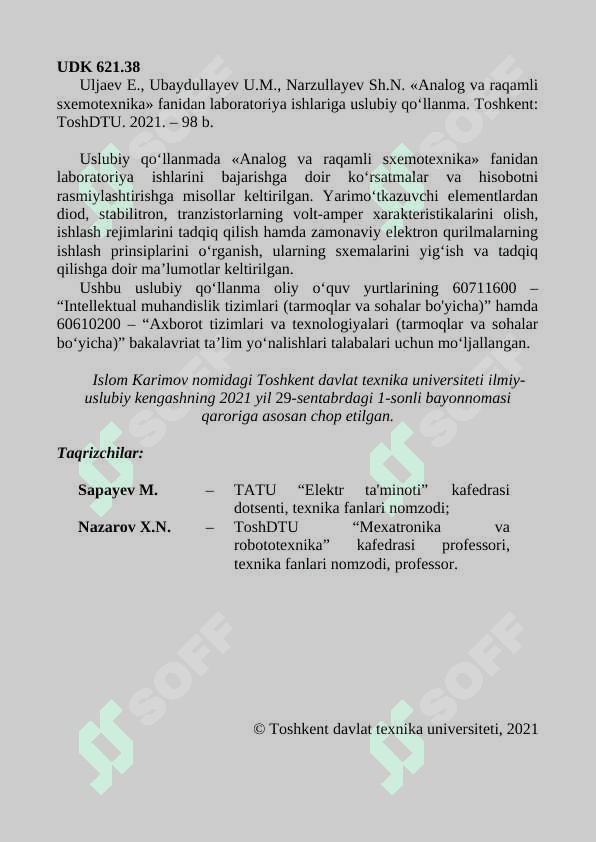 ANALOG VA RAQAMLI SXEMOTEXNIKA labaratoriya ishlari Uslubiy qo'llanma 2