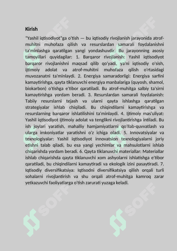 “Yashil iqtisodiyot”ga o’tish tamoillari. 2