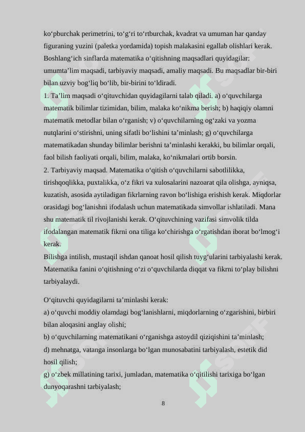 BOSHLANG‘ICH SINFLARDA MATEMATIKA O‘QITISHNING UMUMIY METODIKASI. 8