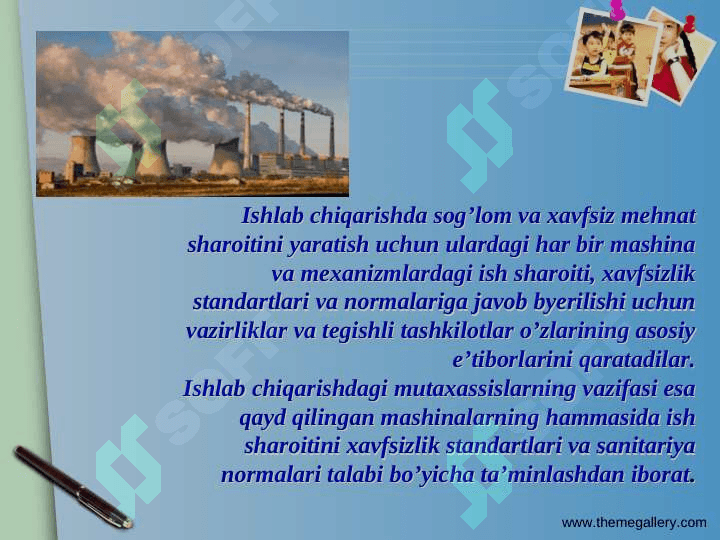 ISHLАB CHIQARISHDA UASH ISHINING GIGIYENIKJIHATLARI. KORXONALARDA  SOG’LOMLASHTIRISH TADBIRLARI 6