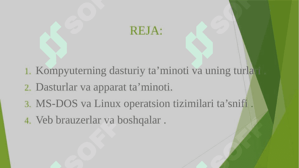 MAVZU: KOMPYUTER DASTURIY TA’MINOTI . MS-DOS , LINUX VA BOSHQA OPERATSION TIZIMLAR HAQIDA MA’LUMOT 2