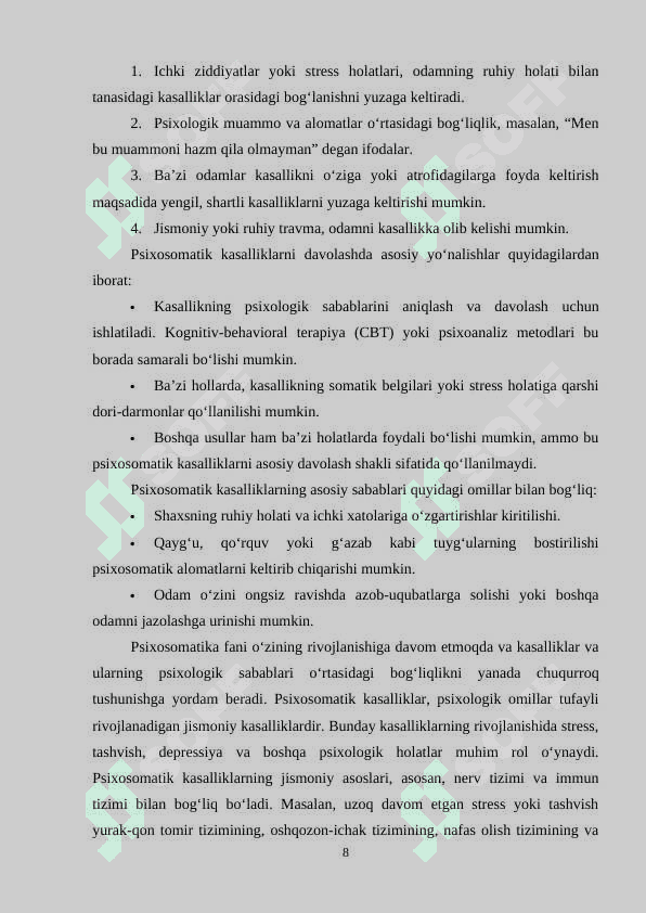 Psixosomatika tushunchasi va psixologik xizmatda tutgan o’rni 8
