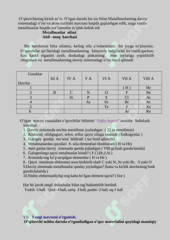 “Metallmaslarning umumiy xossalari”  mavzusida tayyorlagan bir soatlik 3