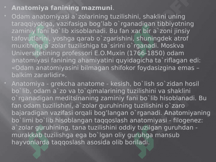 Anatomiyaga faniga kirish, fanning rivojlanish tarixi. Abu Ali Ibn Sinoning anatomiya fanining rivojlanishiga qo`shgan xissasi. Odam tanasininng konstitutsiyasi va yoshga qarab o`zgarishi. Odam skeleti haqida umumiy ma`lumot. Tanat suyaklari. Umurtqa pog’onasi. Umurtqalar. Qovurg’alar. Tush suyagi. Kurak suyagi. 4