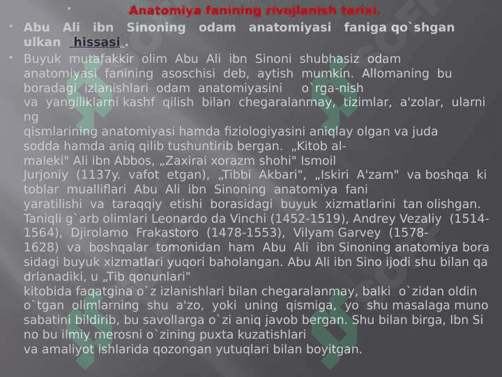 Anatomiyaga faniga kirish, fanning rivojlanish tarixi. Abu Ali Ibn Sinoning anatomiya fanining rivojlanishiga qo`shgan xissasi. Odam tanasininng konstitutsiyasi va yoshga qarab o`zgarishi. Odam skeleti haqida umumiy ma`lumot. Tanat suyaklari. Umurtqa pog’onasi. Umurtqalar. Qovurg’alar. Tush suyagi. Kurak suyagi. 5