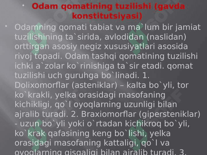Anatomiyaga faniga kirish, fanning rivojlanish tarixi. Abu Ali Ibn Sinoning anatomiya fanining rivojlanishiga qo`shgan xissasi. Odam tanasininng konstitutsiyasi va yoshga qarab o`zgarishi. Odam skeleti haqida umumiy ma`lumot. Tanat suyaklari. Umurtqa pog’onasi. Umurtqalar. Qovurg’alar. Tush suyagi. Kurak suyagi. 6