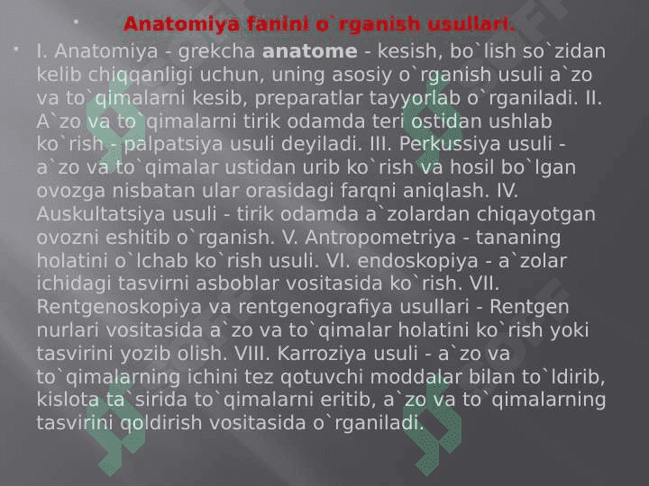 Anatomiyaga faniga kirish, fanning rivojlanish tarixi. Abu Ali Ibn Sinoning anatomiya fanining rivojlanishiga qo`shgan xissasi. Odam tanasininng konstitutsiyasi va yoshga qarab o`zgarishi. Odam skeleti haqida umumiy ma`lumot. Tanat suyaklari. Umurtqa pog’onasi. Umurtqalar. Qovurg’alar. Tush suyagi. Kurak suyagi. 7
