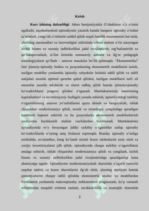 RESPUBLIKA HUDUDLARI IQTISODIY KO'RSATKICHLARINI KOMPLEKS EKONOMETRIK MODELLASHTIRISH 2