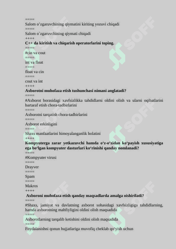 INFORMATIKA FANIDAN TEST JAVOBLARI BILAN 4