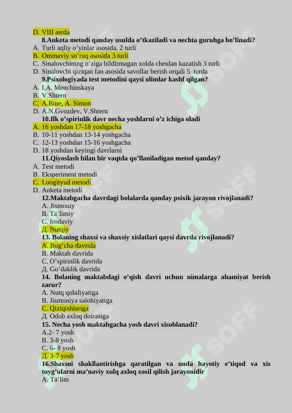 Psixologiyadan 126 talik test (to’g’ri javoblari bilan) 2