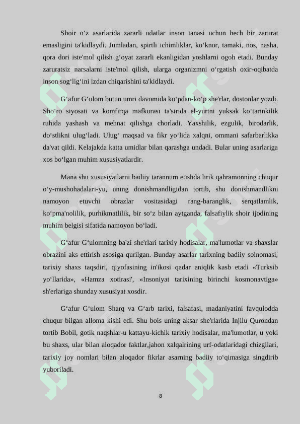 Gʻafur gʻulom sheʼriyatida falsafiy teranlik va badiiy mukammallik kurs ishi 8